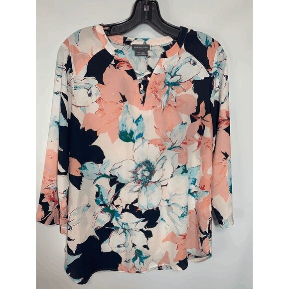 Van Heusen Women's Floral 3/4 Sleeve Criss-Cross V-Neck Blouse Multi-Color Sz XS - Picture 1 of 10